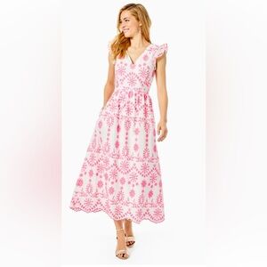 Lillyanne eyelet midi dress in karmic coral neon size 2